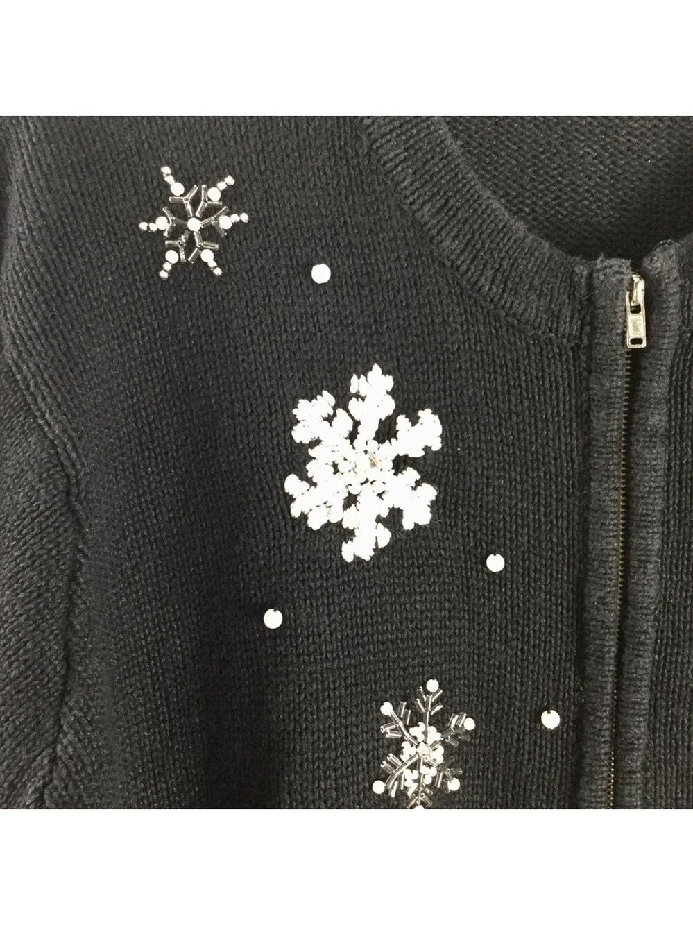 Vintage B.P. Design Beaded Snowy Christmas Snow Globe Zip Front Cardigan Size L - Picture 2 of 11